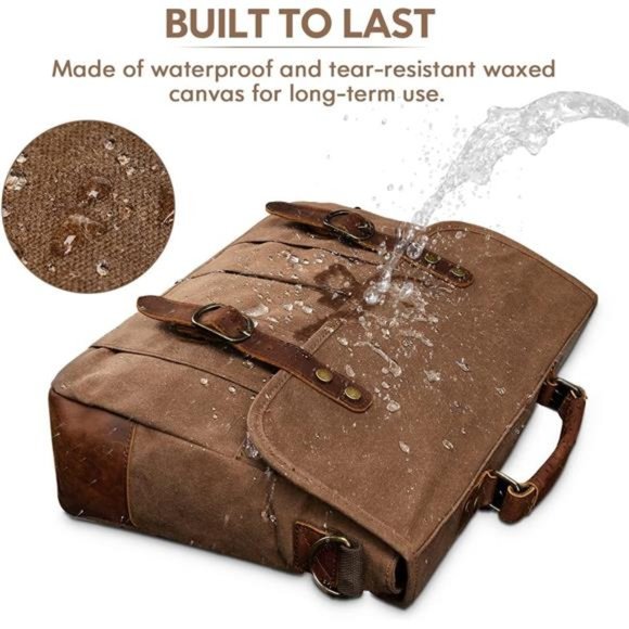 NEWHEY Mens Messenger Bag 15.6” Waterproof Vintage Genuine  Mens Messenger Bag 15.6 Inch Waterproof Vintage Genuine Leather Waxed Canvas